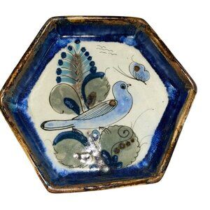 Ken Edwards Vintage Dish Plate Bowl Tonala Pottery Bird Butterfly Drip Glaze